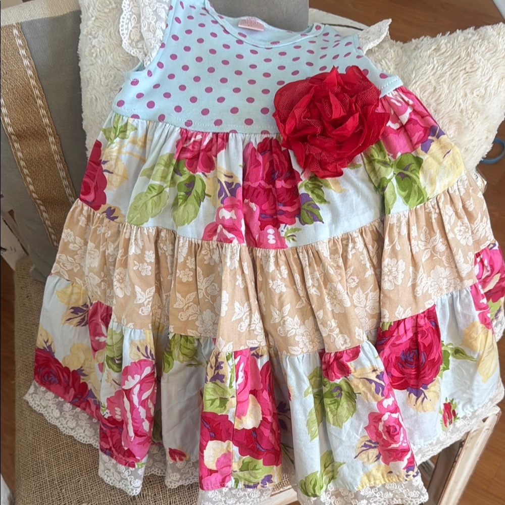 Giggle Moon Polka Dot and Floral Dress - Red, Pink, Green, Tan 3T